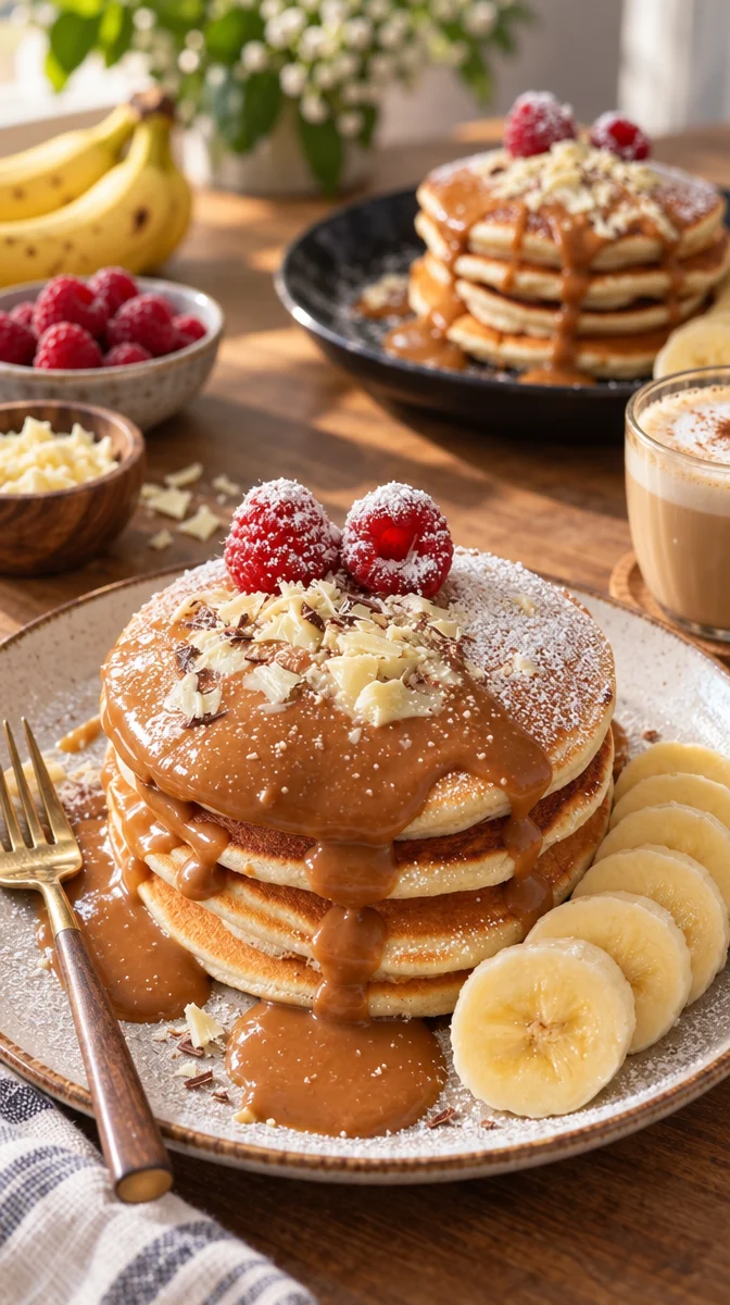 Leckere Pfannkuchen auf einem Teller mit frischen Früchten und Sirup