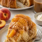 Pfirsich-Cobbler-Frischkäse-Gugelhupf auf einem Teller serviert