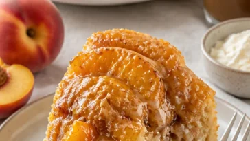 Pfirsich-Cobbler-Frischkäse-Gugelhupf auf einem Teller serviert