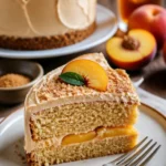 Pfirsichkuchen mit braunem Zuckerguss auf einem Holzbrett serviert