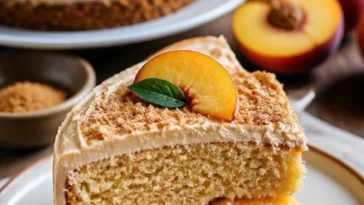 Pfirsichkuchen mit braunem Zuckerguss auf einem Holzbrett serviert