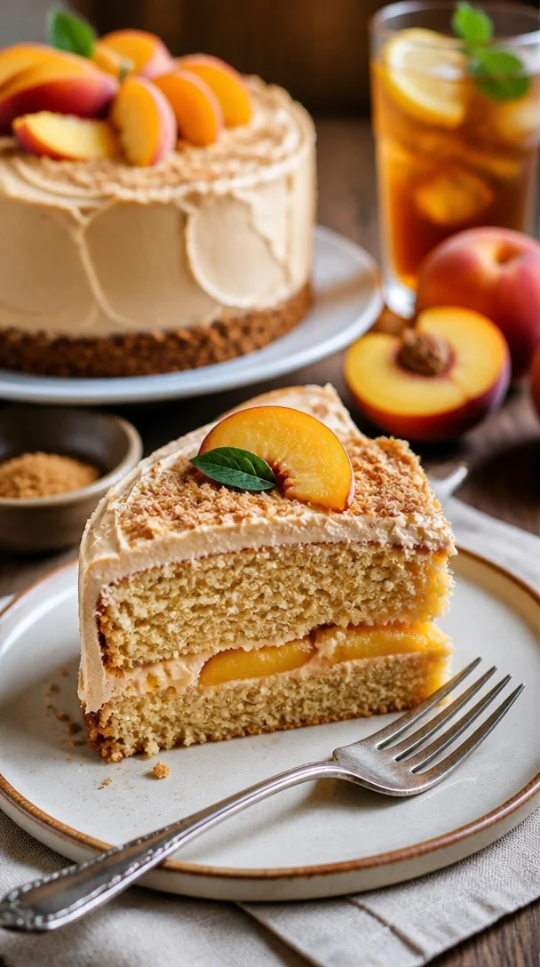 Pfirsichkuchen mit braunem Zuckerguss auf einem Holzbrett serviert