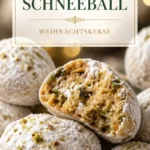 Pistazien-Schneeballkekse auf einem Teller, mit Puderzucker bestäubt.