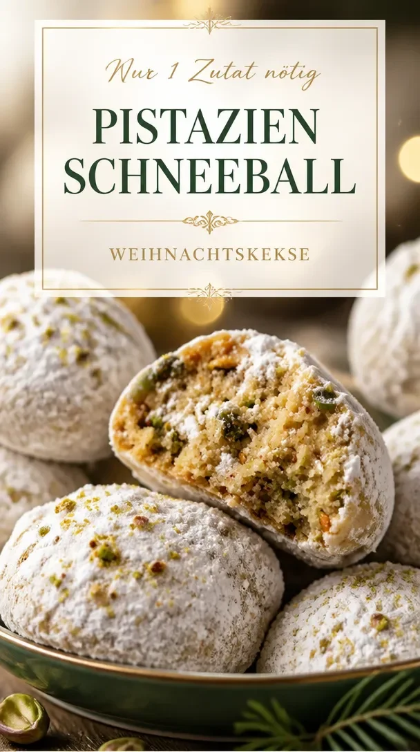 Pistazien-Schneeballkekse auf einem Teller, mit Puderzucker bestäubt.