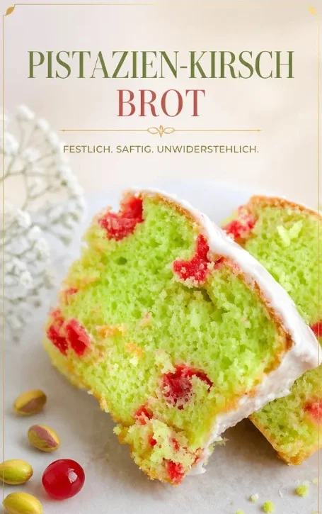 Pistazien-Bundt-Kuchen mit Kirschglasur auf einem weißen Teller