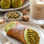 Leckere Pistazien-Cannoli mit nussiger Füllung auf einem Teller.