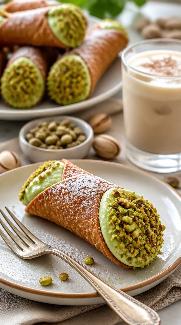 Leckere Pistazien-Cannoli mit nussiger Füllung auf einem Teller.