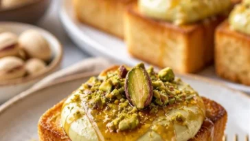 Pistazien-Cheesecake-Toasts auf einem weißen Teller garniert mit frischen Pistazien.