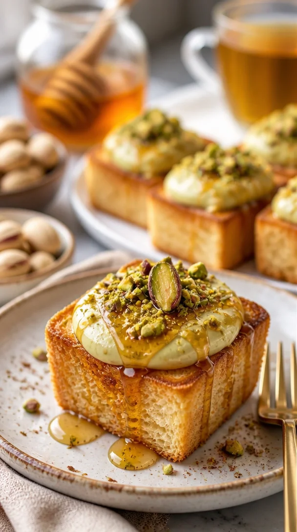 Pistazien-Cheesecake-Toasts auf einem weißen Teller garniert mit frischen Pistazien.