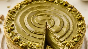 Pistazien-Käsekuchen auf einem Teller, dekoriert mit frischen Pistazien