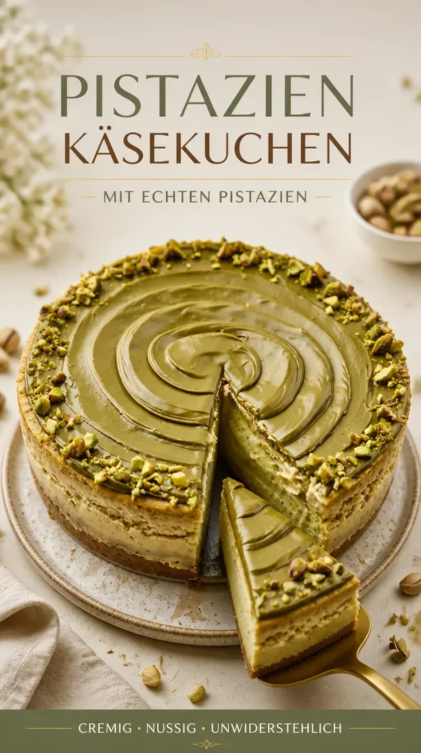 Pistazien-Käsekuchen auf einem Teller, dekoriert mit frischen Pistazien
