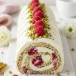 Pistazien-Rollkuchen Rezept als Bûche de Noël auf einem Teller