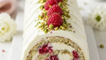 Pistazien-Rollkuchen Rezept als Bûche de Noël auf einem Teller