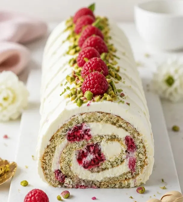 Pistazien-Rollkuchen Rezept als Bûche de Noël auf einem Teller