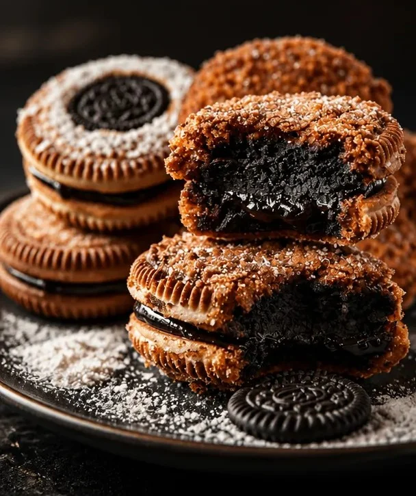 Frittierte Oreo-Kekse auf einem Teller, köstlich und knusprig.