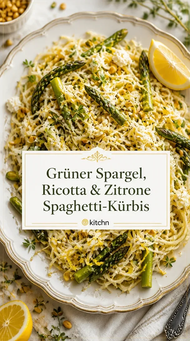Spaghetti-Kürbis mit Spargel, Ricotta, Zitrone und Thymian auf einem Teller