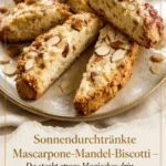 Sonnenverwöhnte Mascarpone-Mandel-Biscotti mit gerösteten Mandeln auf einem Dessirteller.