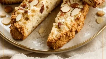 Sonnenverwöhnte Mascarpone-Mandel-Biscotti mit gerösteten Mandeln auf einem Dessirteller.