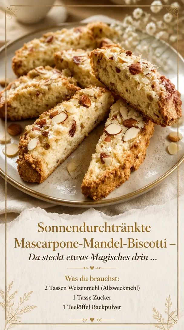 Sonnenverwöhnte Mascarpone-Mandel-Biscotti mit gerösteten Mandeln auf einem Dessirteller.