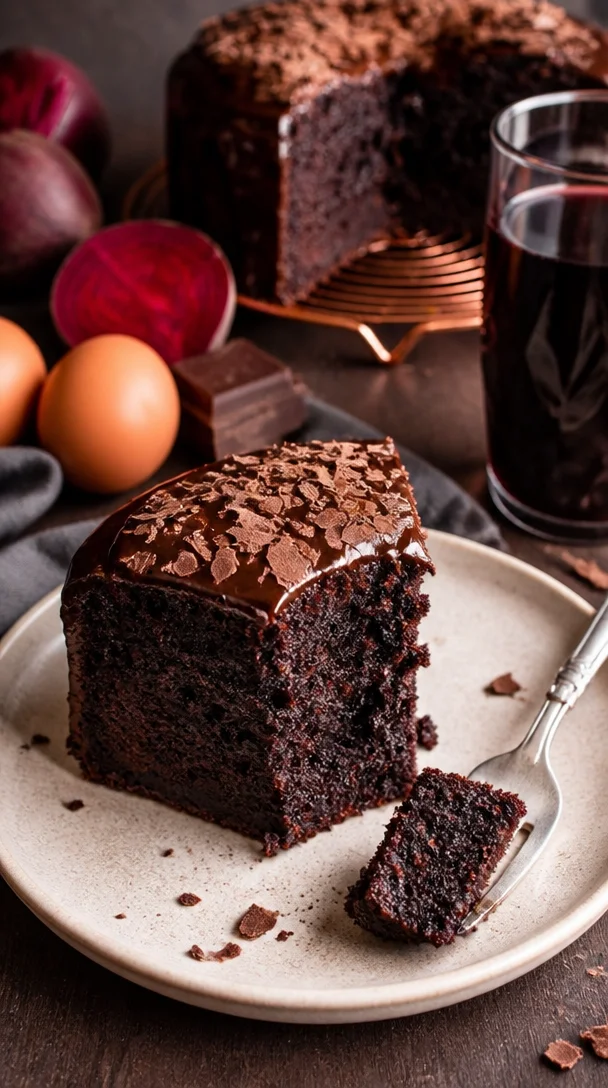 Saftiger Rote Bete Schokokuchen mit Schokolade und frischen Zutaten