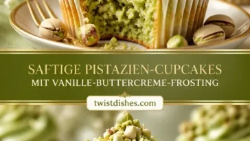 Saftige Pistaziencupcakes mit Vanille-Buttercreme-Frosting auf einem wunderschönen Teller