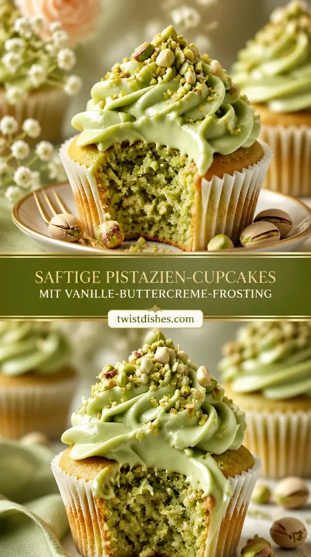 Saftige Pistaziencupcakes mit Vanille-Buttercreme-Frosting auf einem wunderschönen Teller