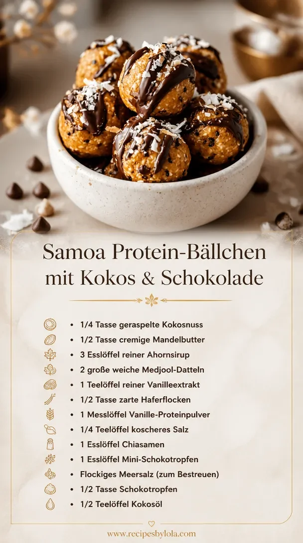 Samoa-Kekse Proteinbällchen mit gerösteter Kokosnuss und Schokolade