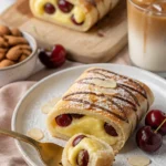 Sauer-Kirsch-Vanille-Pudding-Kuchenrolle auf einem Teller