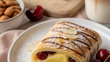Sauer-Kirsch-Vanille-Pudding-Kuchenrolle auf einem Teller