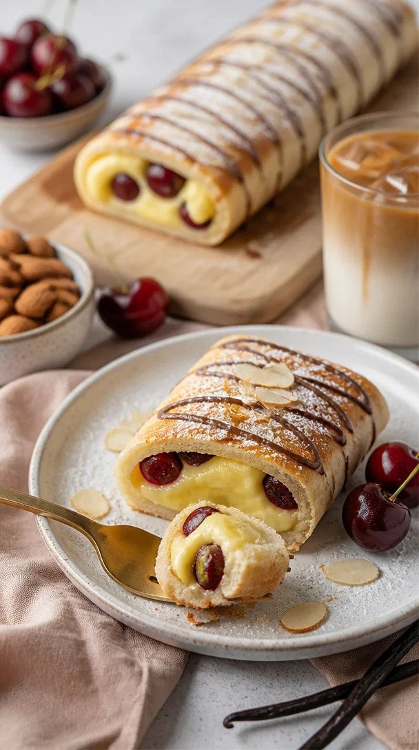 Sauer-Kirsch-Vanille-Pudding-Kuchenrolle auf einem Teller