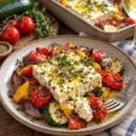 Schneller Ofen-Feta mit buntem mediterranem Gemüse, frisch aus dem Ofen.