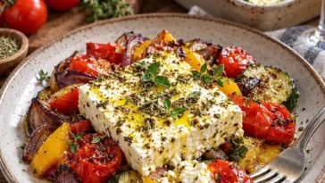 Schneller Ofen-Feta mit buntem mediterranem Gemüse, frisch aus dem Ofen.