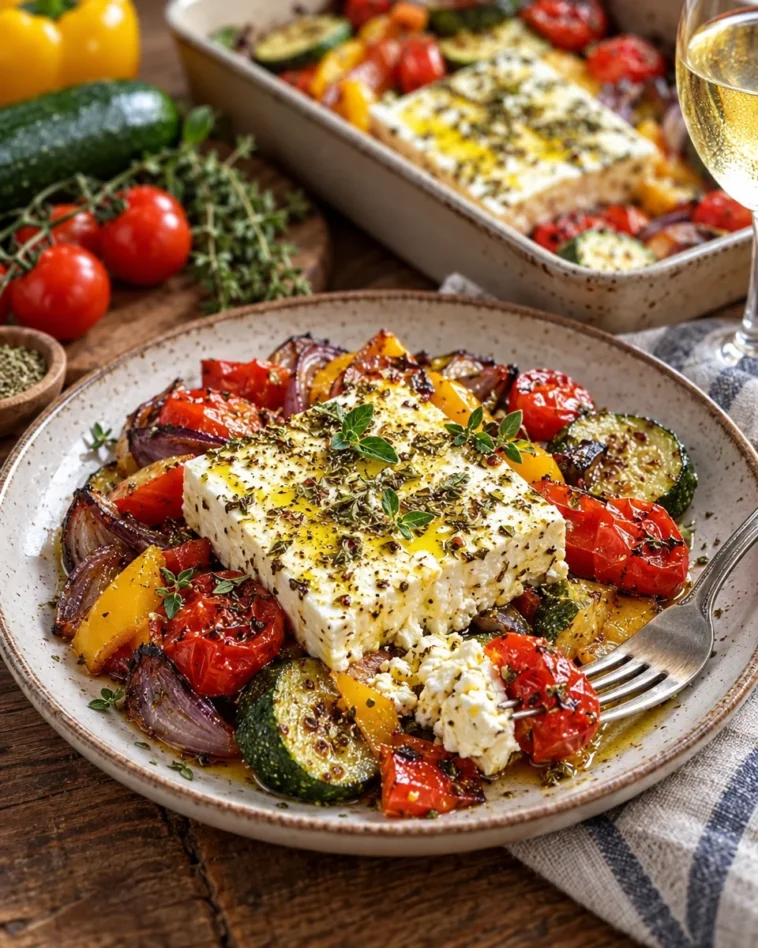Schneller Ofen-Feta mit buntem mediterranem Gemüse, frisch aus dem Ofen.