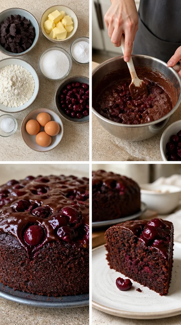 Rezept für Schoko-Kirsch Kuchen mit Schokolade und Kirschen.