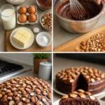 Schoko-Mandel Kuchen auf einem Teller mit frischen Mandeln dekoriert