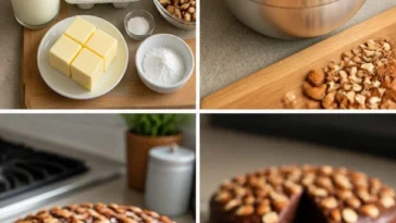 Schoko-Mandel Kuchen auf einem Teller mit frischen Mandeln dekoriert