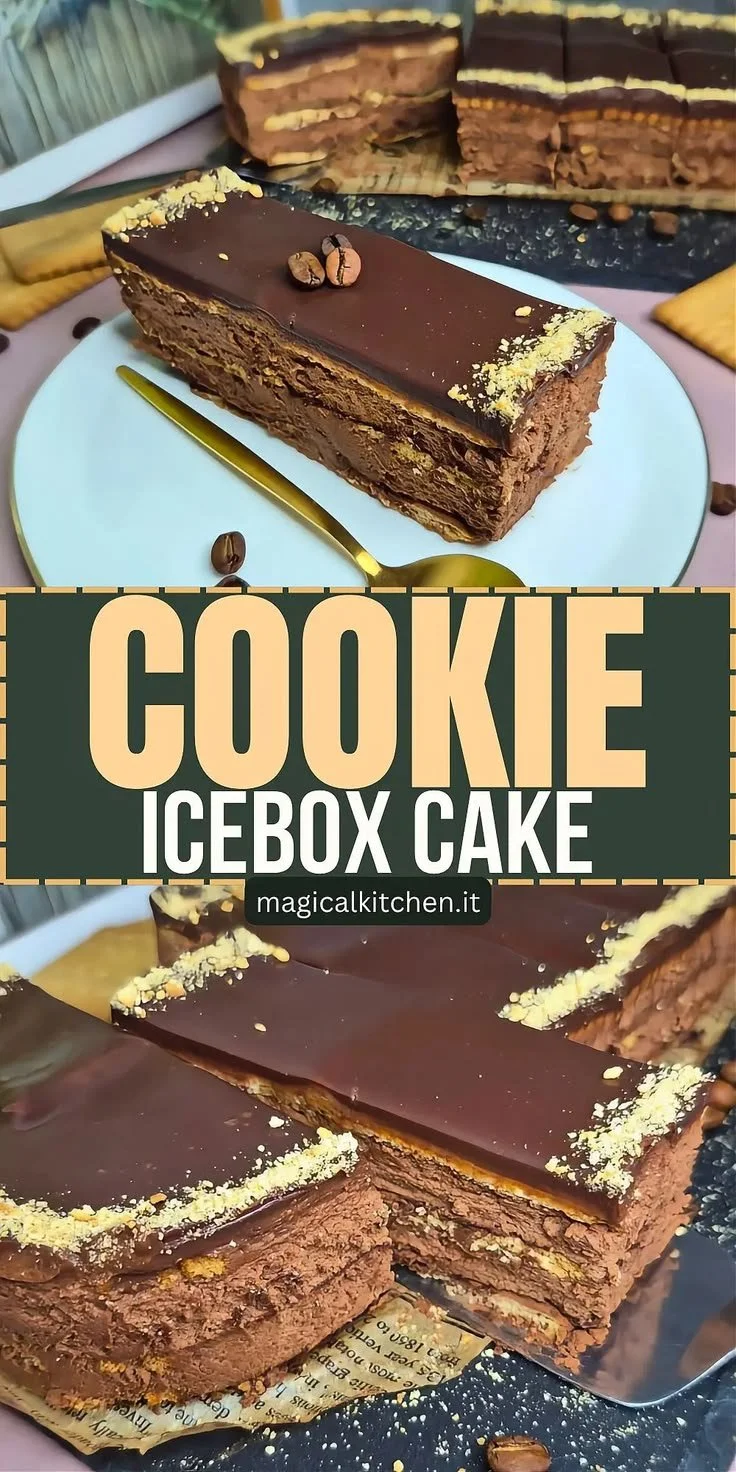 Schokoladen-Eistorten-Kuchen mit Keks-Schichten auf einem Teller angerichtet