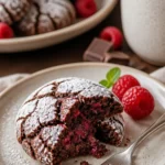 Schokoladen-Himbeer-Krümelplätzchen auf einem Teller, verziert mit Himbeeren.