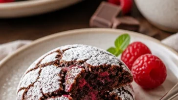 Schokoladen-Himbeer-Krümelplätzchen auf einem Teller, verziert mit Himbeeren.