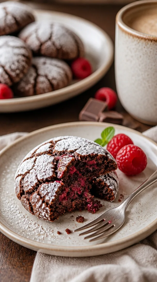 Schokoladen-Himbeer-Krümelplätzchen auf einem Teller, verziert mit Himbeeren.