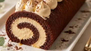 Schokoladen-Karamell-Creme-Rolle - Leckerer gefüllter Kuchen mit Karamell und Schokolade