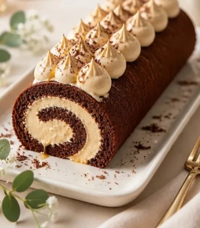 Schokoladen-Karamell-Creme-Rolle - Leckerer gefüllter Kuchen mit Karamell und Schokolade