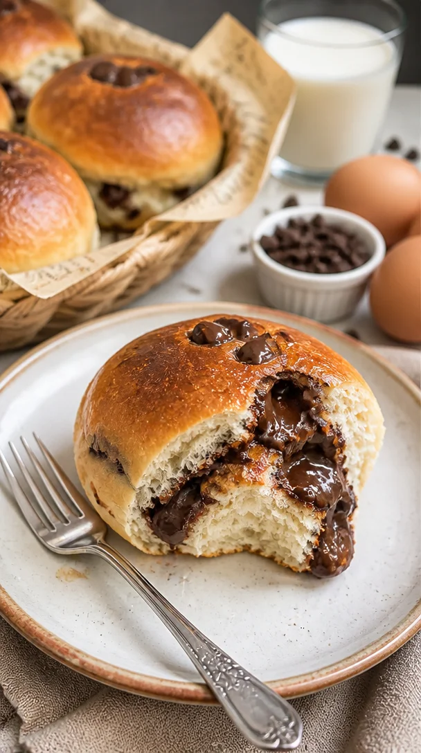 Frisch gebackene Schokoladenstückchen-Hefe-Muffins auf einem Holzbrett