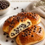 Schokoladenstückchen-Vanillepudding-Brioches auf einem Teller