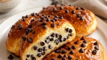 Schokoladenstückchen-Vanillepudding-Brioches auf einem Teller