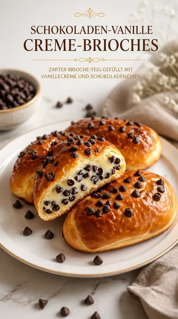 Schokoladenstückchen-Vanillepudding-Brioches auf einem Teller