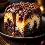 Schokoladiger Erdbeben Kuchen auf einem Teller, verziert mit Schokoladensoße