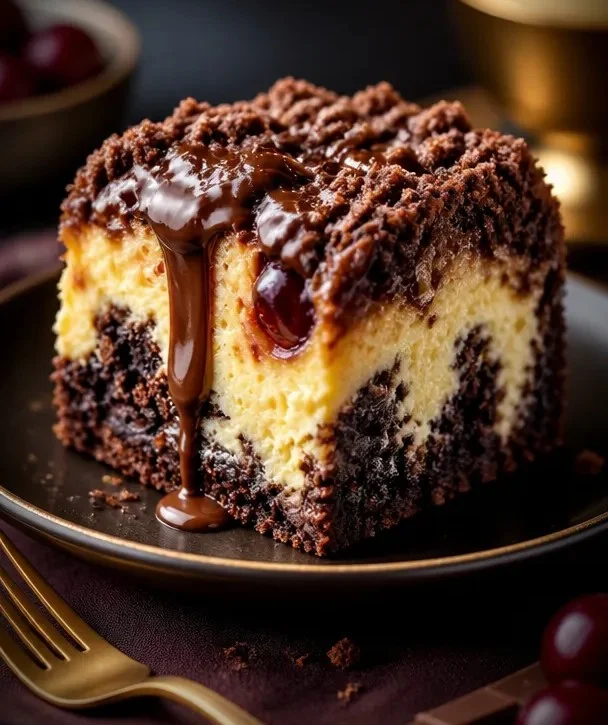 Schokoladiger Erdbeben Kuchen auf einem Teller, verziert mit Schokoladensoße