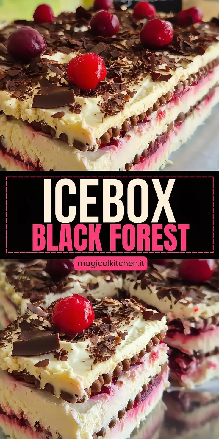Schwarzwälder Eiskuchen mit Kirschen und Schokoladensahne.