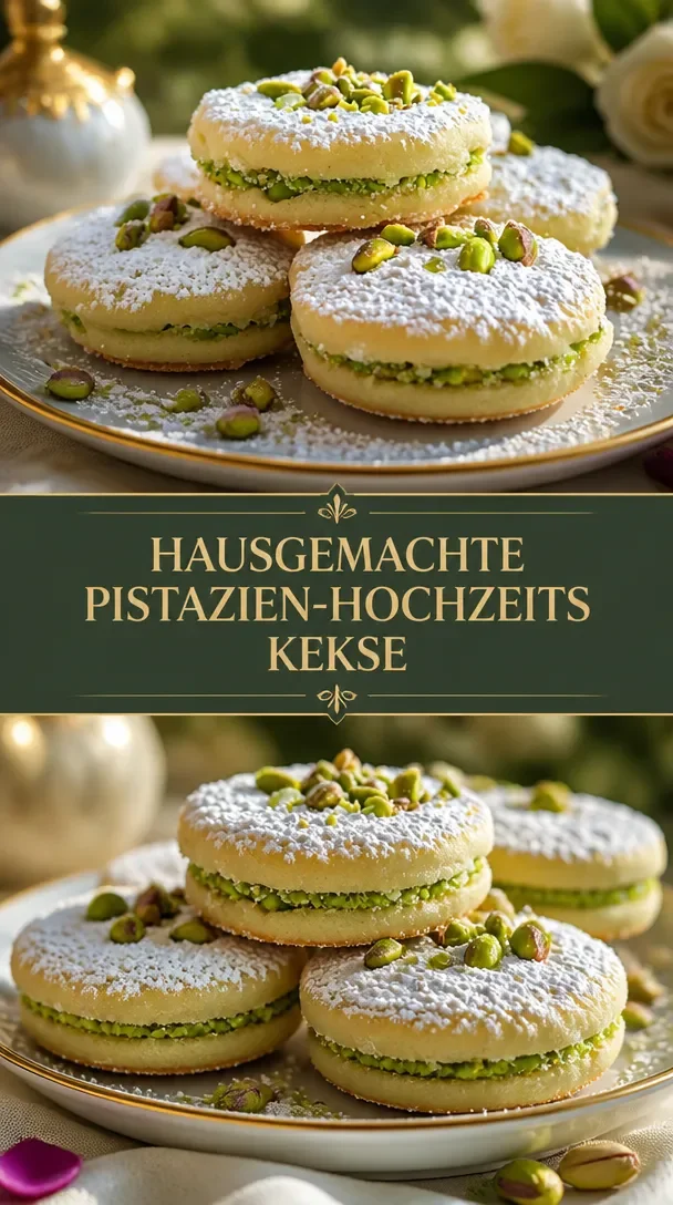 Selbstgemachte Pistazienhochzeitskekse auf einem eleganten Tisch